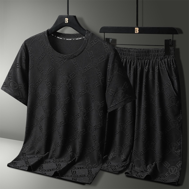 Jacquard de dos piezas pijamas de hombre verano nuevo transpirable secado rápido pantalones cortos de manga corta de mediana edad juvenil traje delgado para hombres para correr