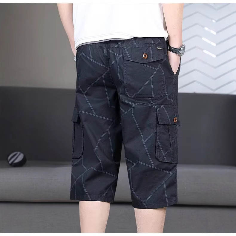 Summer New Over-The-Knee Thin Cropped Pants Men's Striped Cargo Multi-Pocket Shorts Versatile Casual Mid-Length Shorts