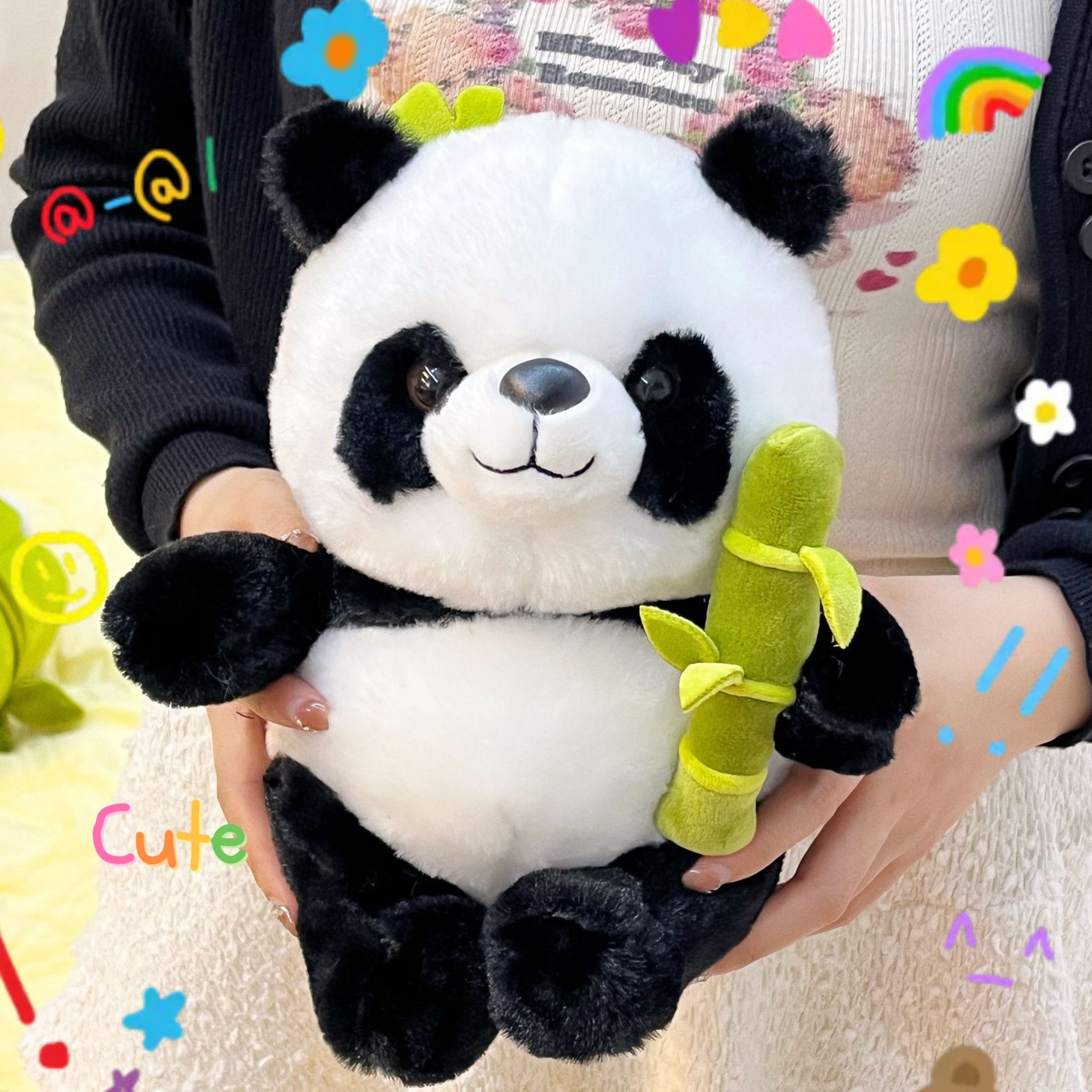 Panda de peluche con bambú y flores (juguete para niños) image 8