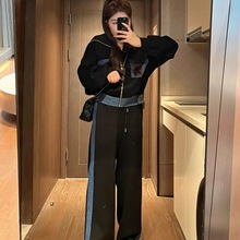 胖MM特大码300斤休闲运动装套装女秋冬季加绒加厚牛仔拼接两件套2