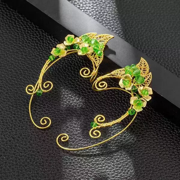 Original Retro Green Handmade Elegant European and American Cross-Border Pierced Ear Clip Earrings Amazon Elf Earrings for Women