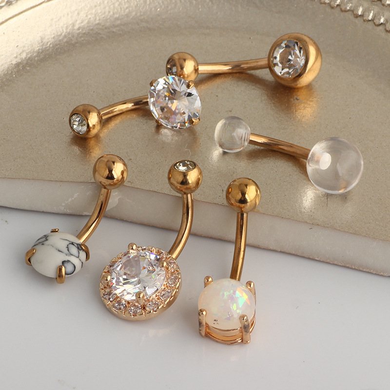 Rose Gold Opal Navel Ring Set - CZ Diamond Belly Button Piercing Jewelry detail image 7