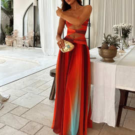 Sexy Gradient Western Maxi Dress欧美度假旅游性感渐变色连衣裙