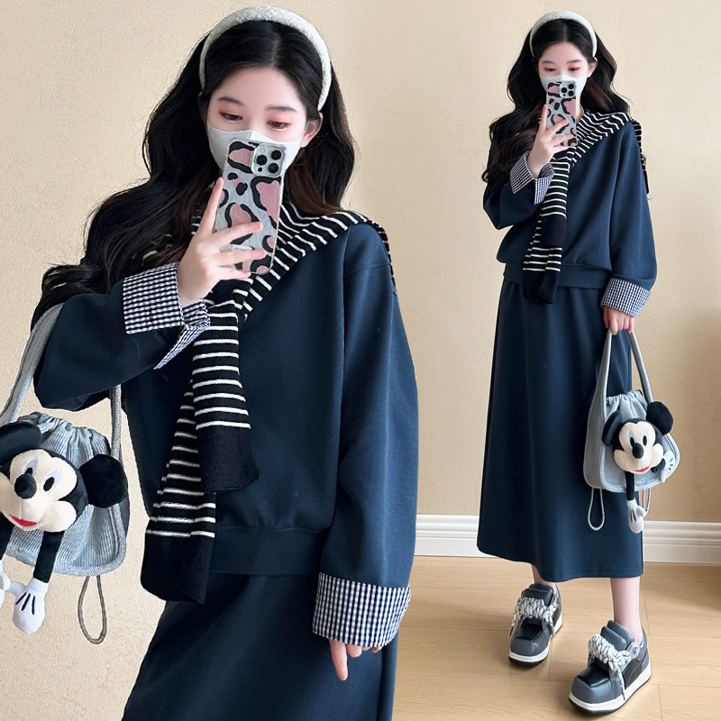 現物2024秋妊婦セットファッション妊婦丸襟上着ひも無托腹妊婦半スカートとマント|undefined
