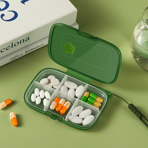 Convenient large-capacity repackaged plastic pill box, portable moisture-proof sealed six-compartment mini pill storage box