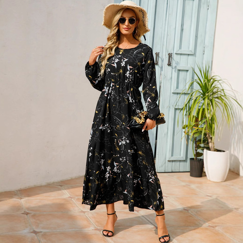 Spring and Autumn Embroidered Chiffon Dress with Waist Cinching, Slimming Long Sleeve Round Neck, Long Print Dress for Girls