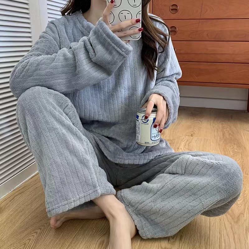 630g Weight Long Sleeve Sleeve Length Pajamas Lingerie Type Pullovers Placket Type Polyester Fabric Type Long Top Length Pants Sets Sets Type 2 Pieces Set Quantity Home Occasion Round Neck Neckline Warm Function Loose Fit Type Stripe, Solid Color Pattern Winter, Autumn Season Women's Gender Casual, Simple Style Style Autumn And Winter New Crescent City Warm Suit Casual Homewear Internet Celebrity Coral Fleece Thick Thermal Pajamas 18