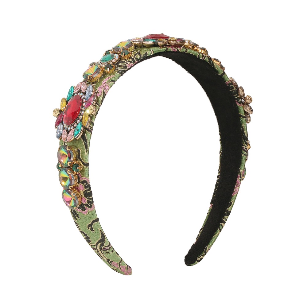Fashion Green Embroidered Wide-edge Glass Drill Headband