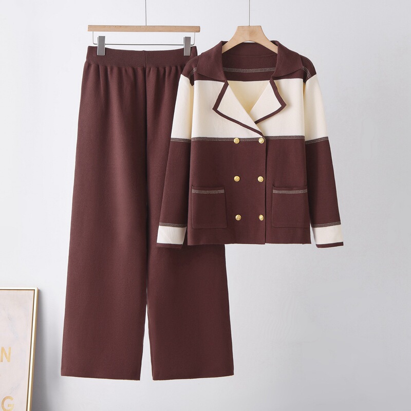Cross-Border Elegant Suit Collar Suit for Women 2025 Autumn and Winter New Double-Breasted Knitted Top Wide-Leg Pants Two-Piece Set Cross-Border Elegant Suit Collar Suit for Women 2025 Autumn and Winter New Double-Breasted Knitted Top Wide-Leg Pants Two-Piece Set