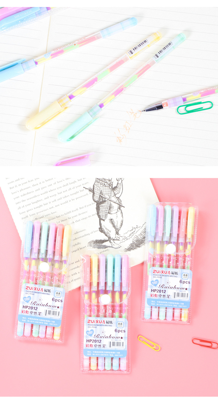 Snoep Kleur 6 Kleuren Regenboog Pen Student 0,8mm Hand Account Markering Markeerstift Schilderij Lijn Gel Pen Groothandel display picture 3