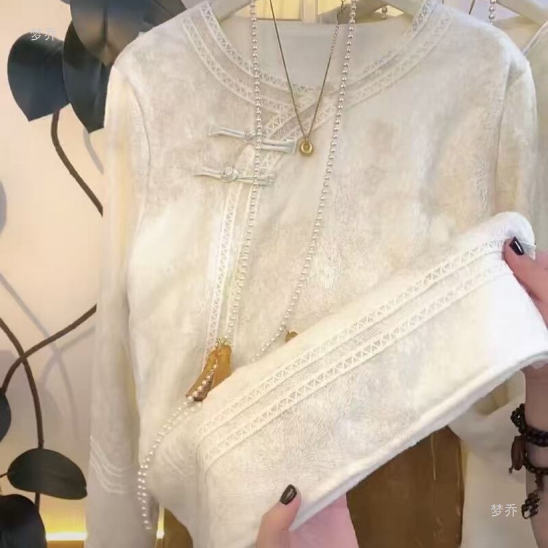 (Full Body Fleece-Lined) ➕ New Chinese-Style Lace Trim Old Money Style Design Slimming Top for Women