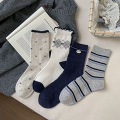 韩国女高部 藏青菱格堆堆袜子女无骨学院风中筒袜日系条纹蝴蝶结