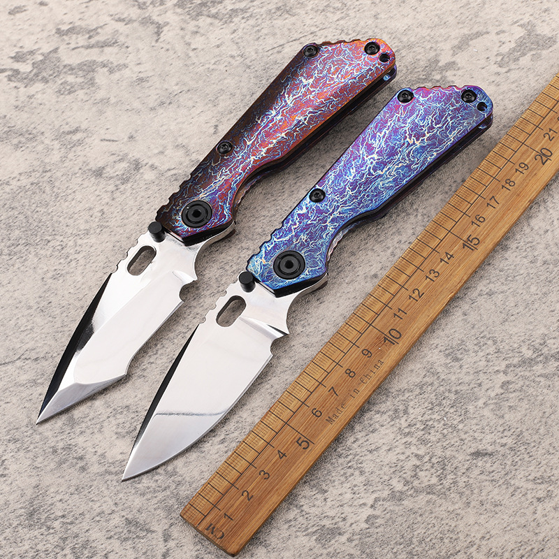 D2钢刀片油滑阳极氧化钛柄折叠石洗户外钓鱼生存收藏EDC刀具