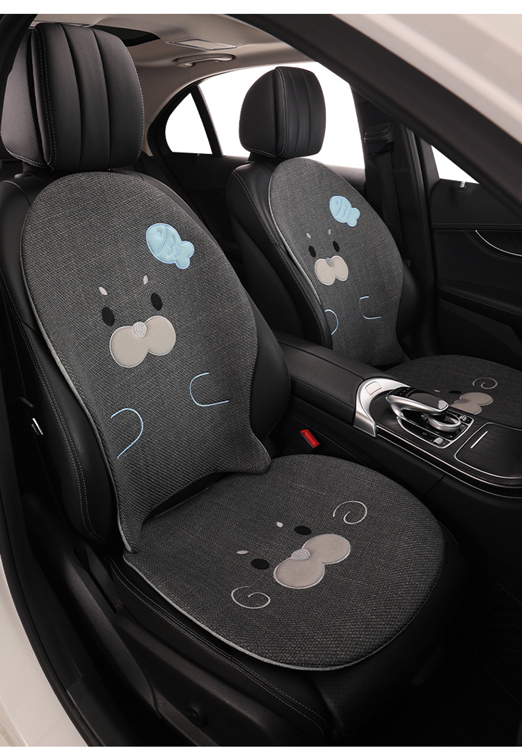 Car Seat Cushion Made of Linen Material with Seal Pattern, Suitable for All Seasons, Available as a Single Piece or a Three-Piece Set, with Optional Car Ventilation Cushion