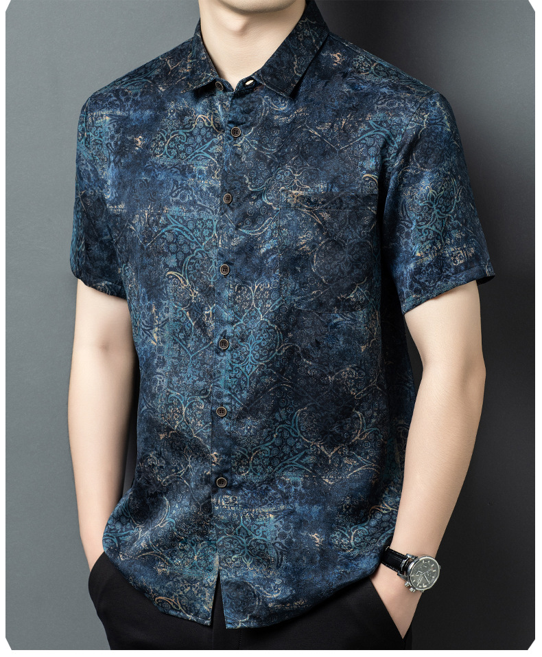 Áo sơ mi nam ngắn tay lụa Tang Silk phong cách Trung Hoa họa tiết vân sa — Xanh da trời26651 chi tiết 9
