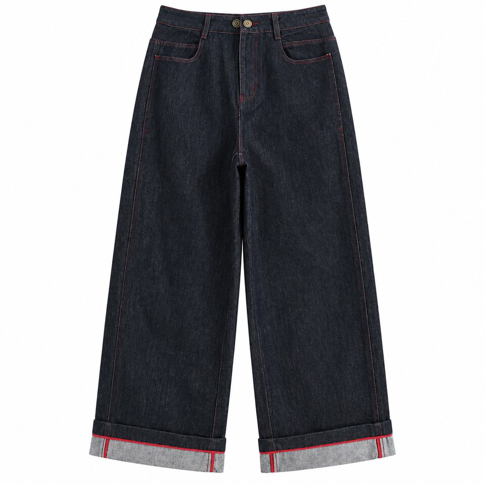 Quần jean ống rộng nữ lưng cao dáng suông dài phong cách thoải mái — Sâu denim xanh chi tiết 13