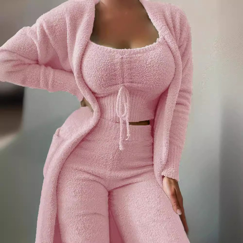European and American Cross-border New Women's Autumn and Winter Fashion Casual Plush Strap Cardigan 3-Piece Pants Set