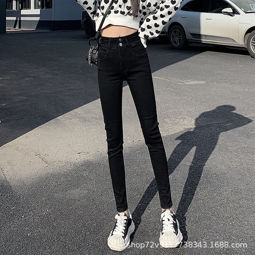 Blue-gray denim jeans for women, high-waisted, slimming,  autumn/winter new fleece-lined stretchy skinny pencil pants.