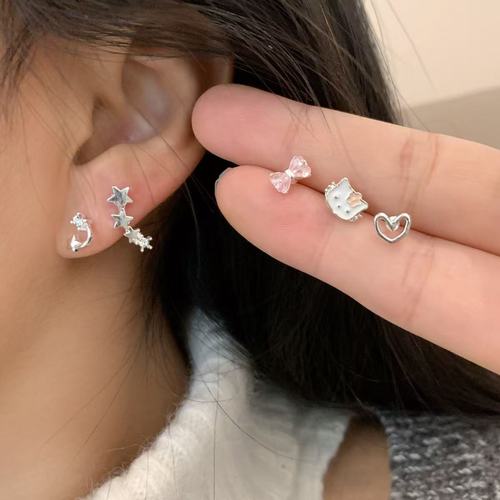 Cute Fashion Pink Sweet Kitty Bow Ear Stud Set for Girls Kitty Bone Stud Geometric Heart Earrings