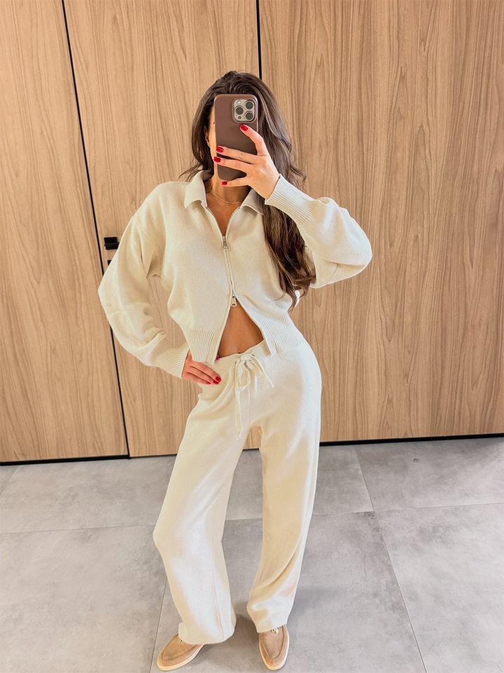 Bộ đôi áo cardigan len cổ polo dáng ngắn khóa kéo và quần dài dệt kim dây rút phong cách Âu Mỹ — Màu be, Màu nâu, màu xám, màu đen chi tiết 4