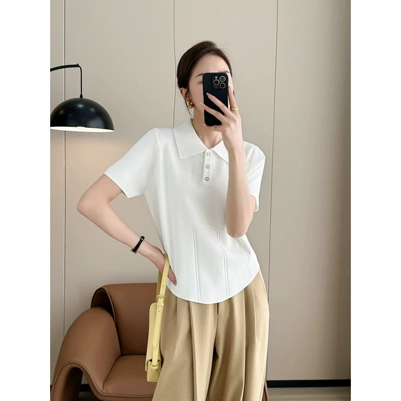 Белый воротник поло корейский легкий зрелый свитер с короткими рукавами женский летний новый тонкий нерегулярный короткий топ