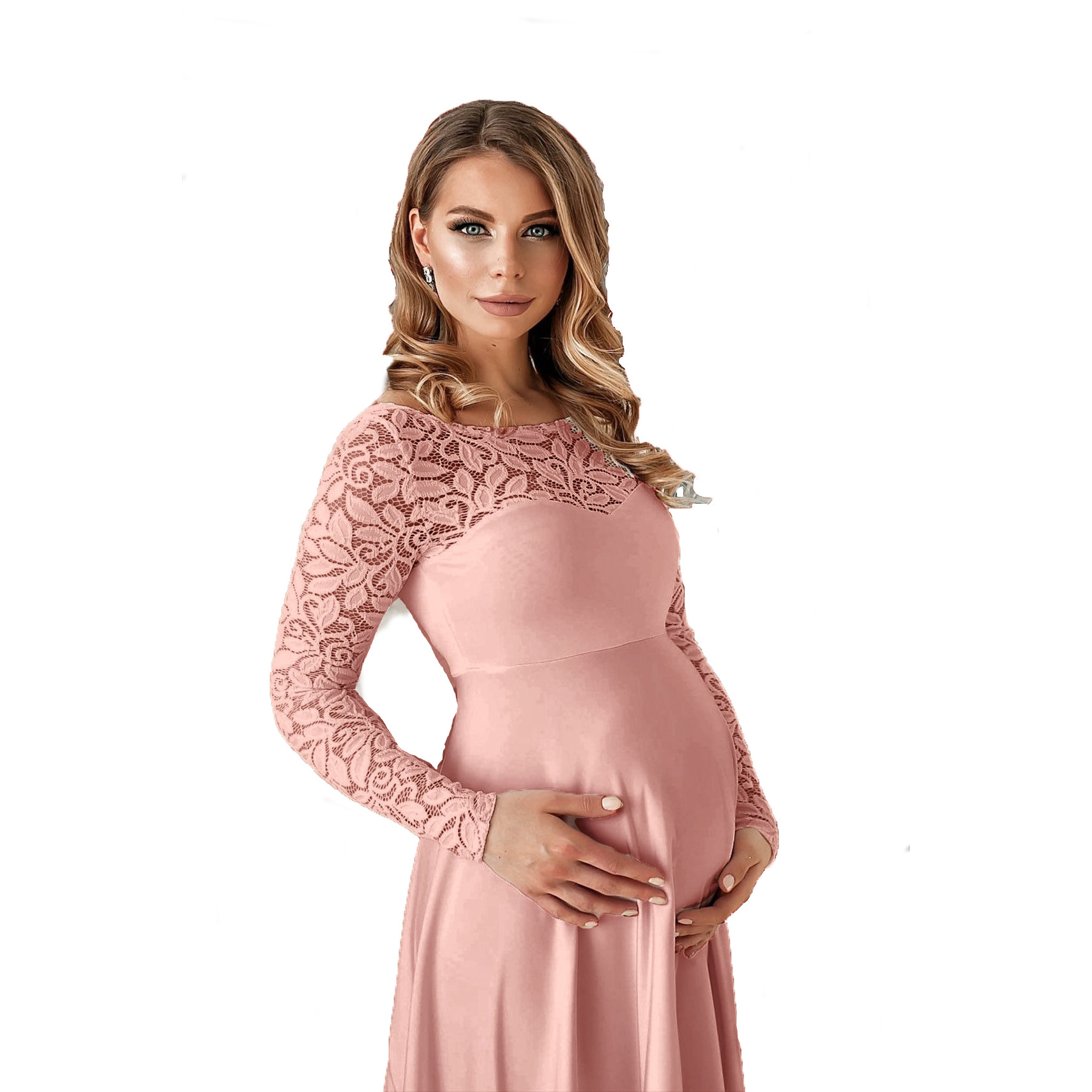 Amazon European and American Long Sleeve Lace Pair by Pregnant Women Sexy Loose Trailing Dress 1194 Pregnant Women Dress
