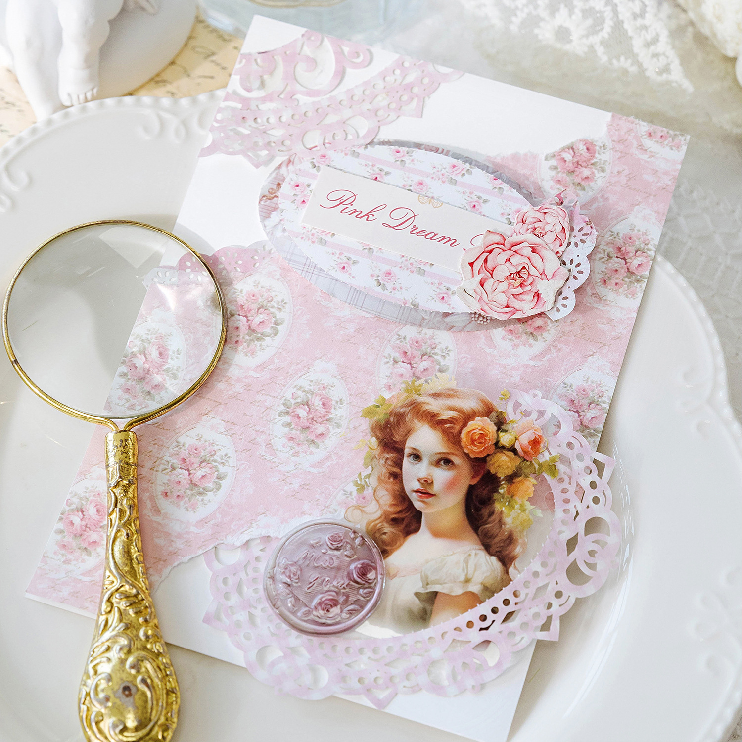 Mo Mo retro papel de encaje hueco flor de encaje sueño viento marco de encaje bolso de mano papel de fondo de decoración de bricolaje