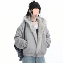 美式复古座山雕毛领外套女春夏小个子加厚连帽棉衣设计感短款棉服