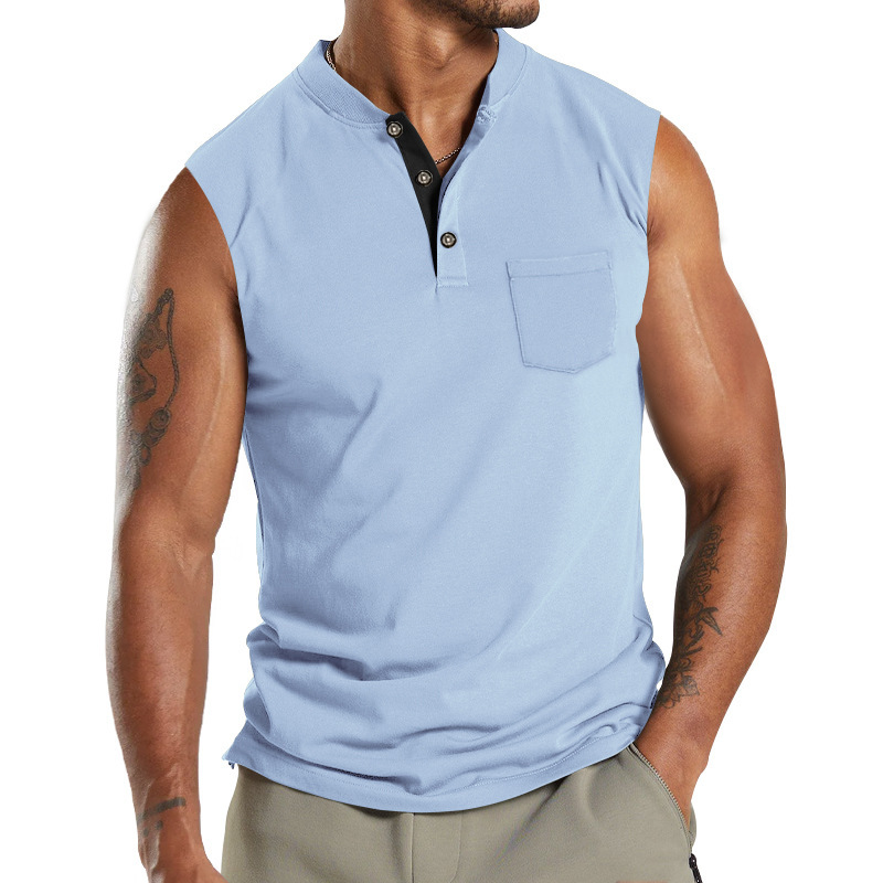 2024 Summer New Kam Shoulder Large Men's Short Sleeve Button Pocket Sleeveless T-shirt_voghion.com