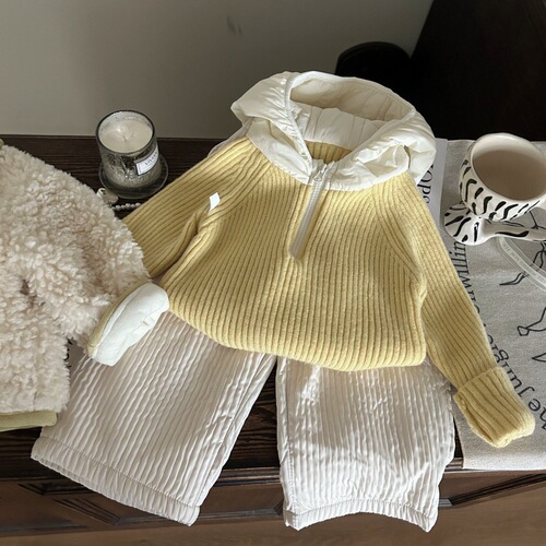 Korean children's winter knit hat and sweater set with warm lining for girls, two-piece fashionable children's pants