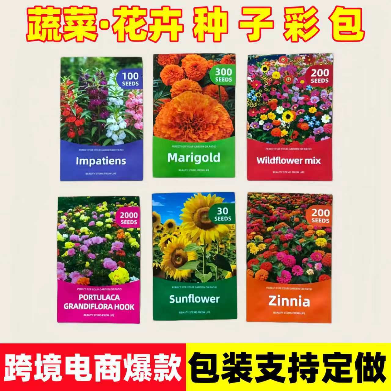跨境现货款彩色花卉包装种子外贸蔬菜种子草花组合种花籽四季种子