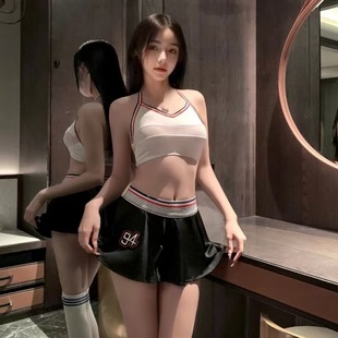 Love Fragrance Ins Wind-hit Yarn-dyed Sports suit Underwear Sexy Ditch Pure Desire Strap Uniform Hot Girl Navel Morning Gown