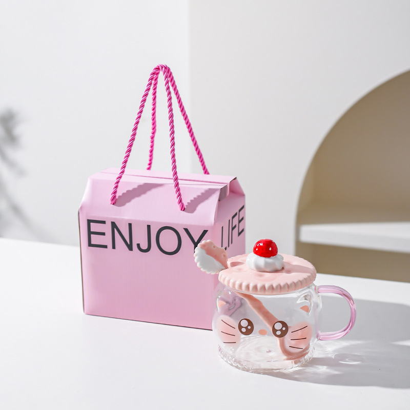Creativo lindo alto borosilicato vidrio taza rosa corazón de la chica regalar taza de agua con cuchara de cerdo taza de gato