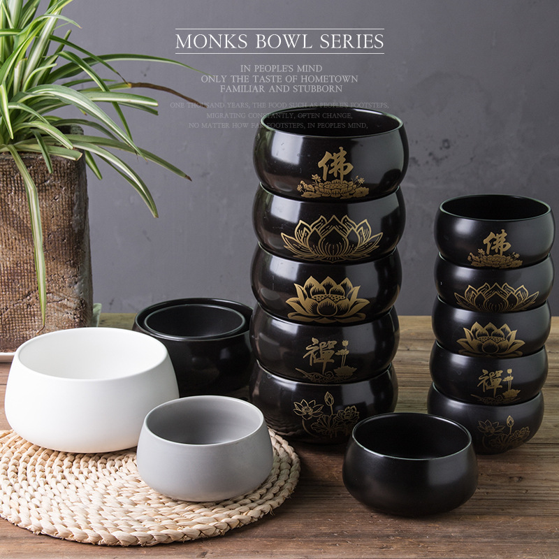 Tazón de monje de cerámica negro puro templo monje tazón de sopa tazón de arroz tazón de loto de regalo Jushi discípulo comer tazón
