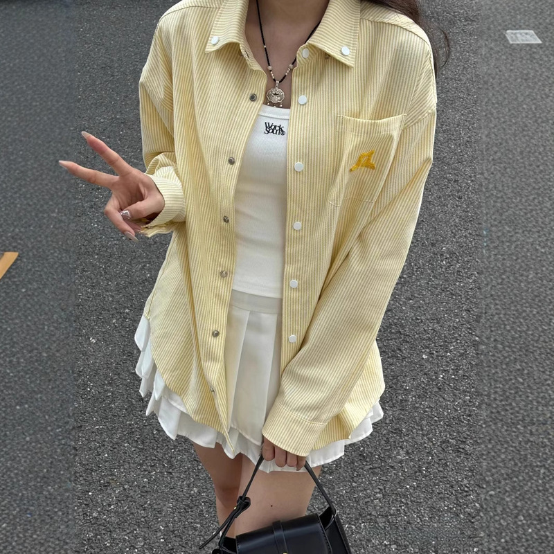 Korean Style Fresh Embroidered Striped Polo Collar Shirt Coat Women's Spring and Summer Loose Lazy Style Cardigan Dopamine Top