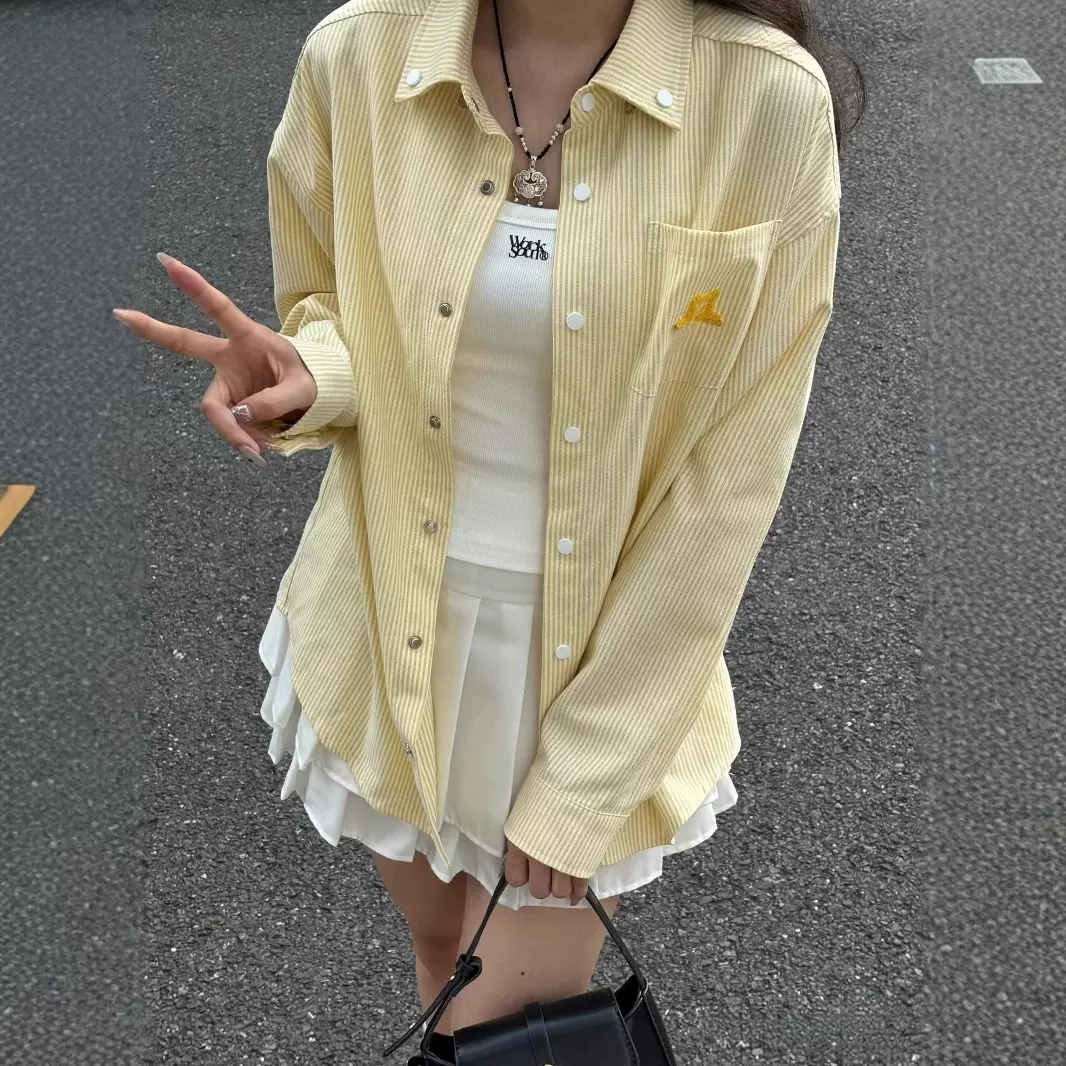 韩式清新刺绣条纹Polo领衬衫外套女春夏宽松慵懒风开衫多巴胺上衣