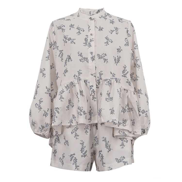 French Classic Skirt Puff Sleeve Small Turtleneck Ruffled Puffy Shirt Printed Shorts Suit