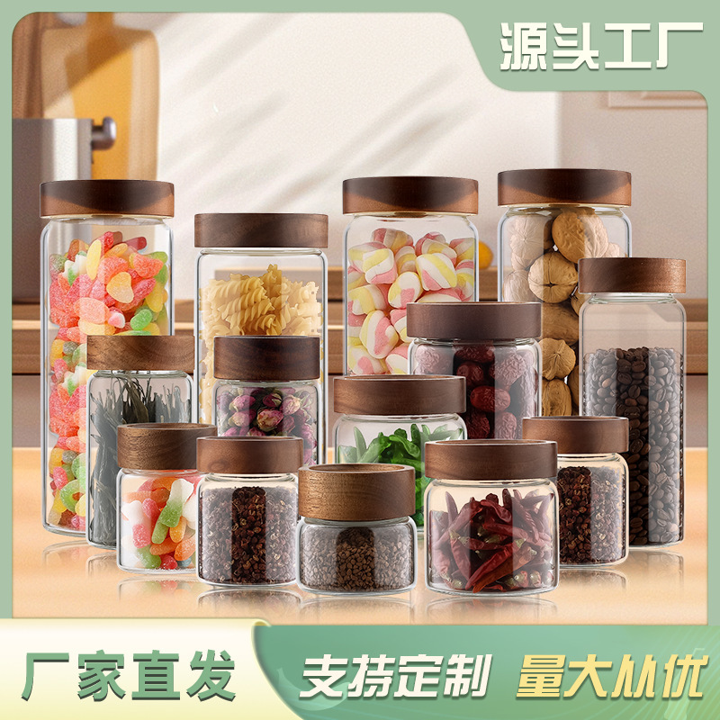 Factory wholesale high borosilicate products glass jars acacia wood sealed cans storage cans nuts special sub-packaging storage cans Factory wholesale high borosilicate products glass jars acacia wood sealed cans storage cans nuts special sub-packaging storage cans