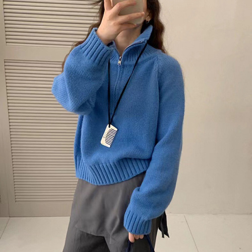 KANING Women's Half-High Collar Zipper Red Sweater 2025 Autumn Design-Sensitive Loose Hooded Knit Top