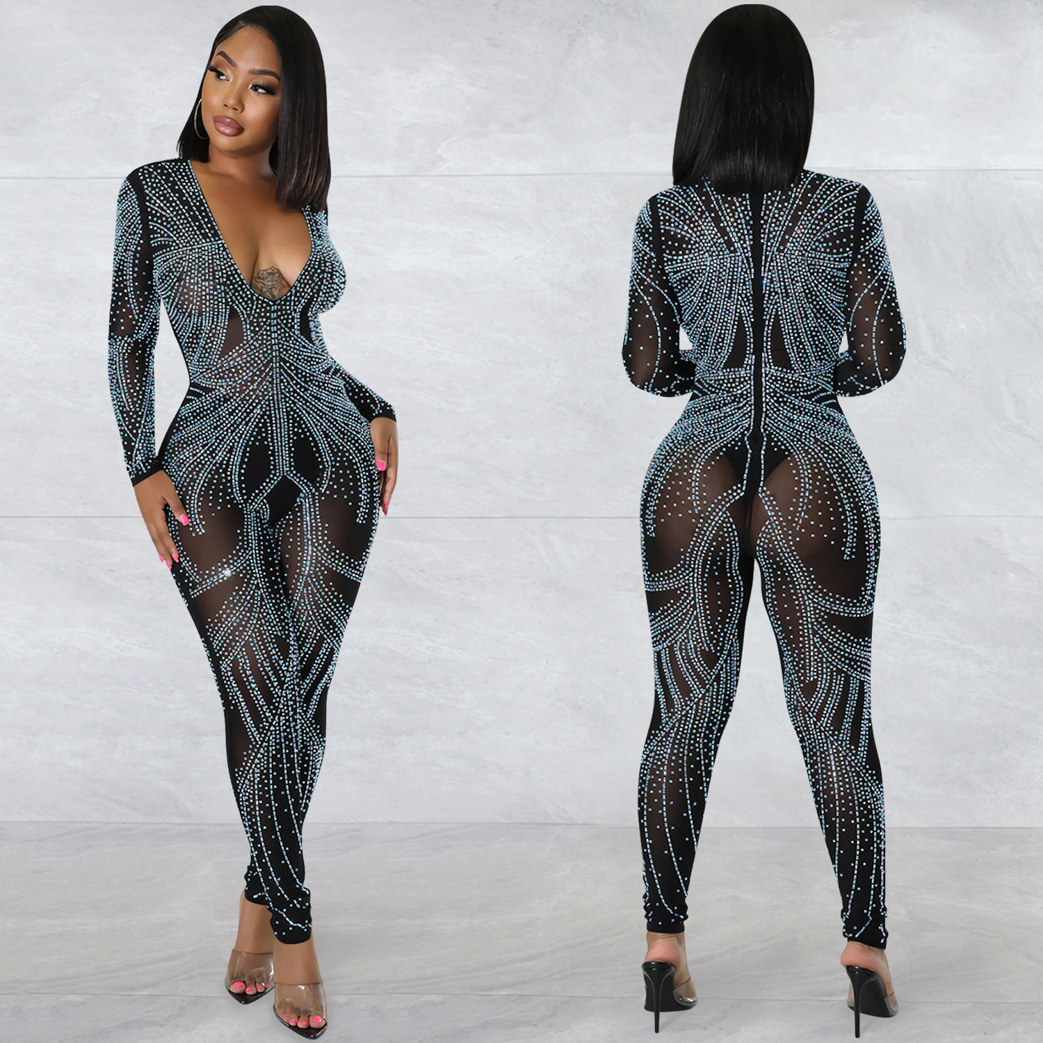 C5885 AliExpress Amazon moda europea y americana sexy nightclub malla transparente de manga larga con cuello en V pantalones Mono para las mujeres image 3