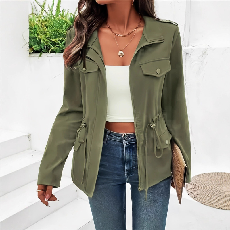 Ready-Made Women's Army Green Military Style Jacket Casual Windproof Jacket with Drawstring Waist Zipper Front Long Sleeves
