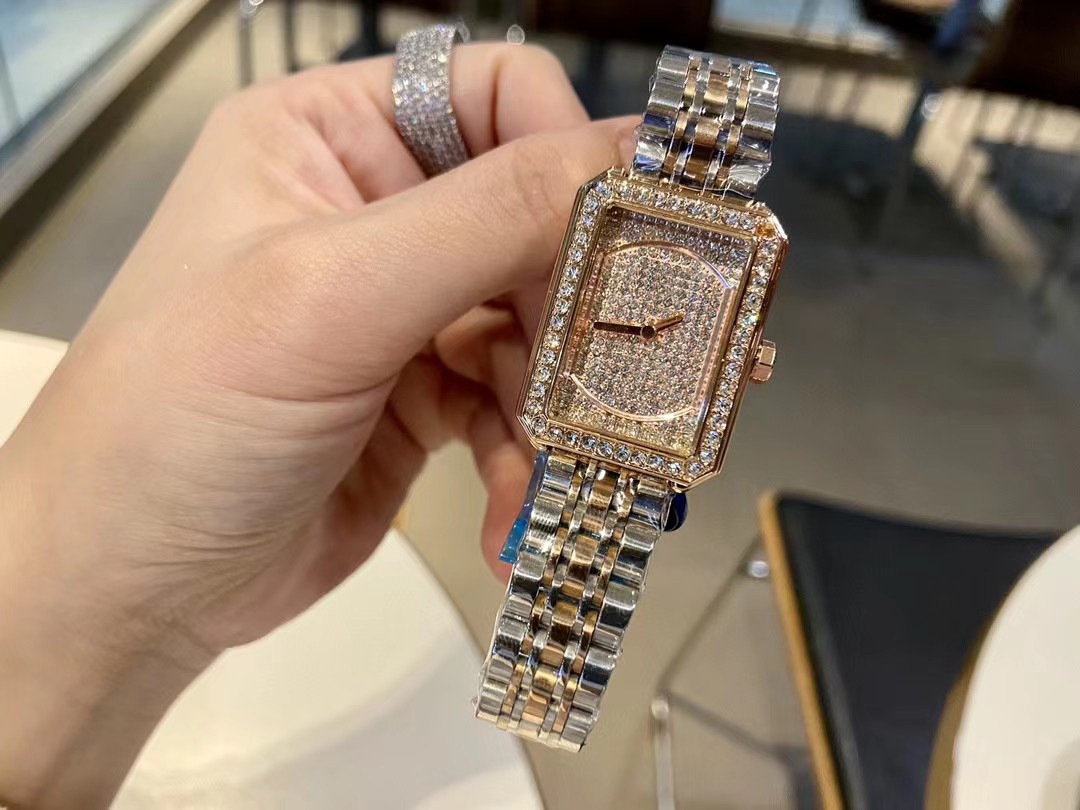 New light luxury women's small perfume home with the same three-color steel band full of stars with diamonds square quartz watch_voghion.com