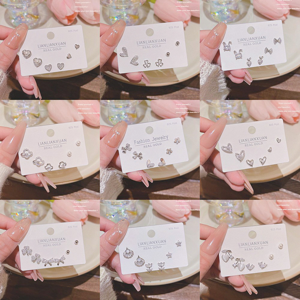 S925银针一卡三对耳钉套装女小巧精致耳环夏季高级感真金电镀耳饰