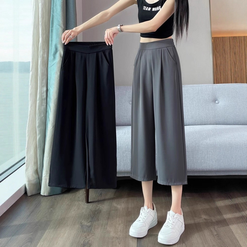 Women's Summer Thin Cropped Shorts Plus Size Wide-Leg Pants for Curvy Women, Loose Slimming High-Waisted Drapey Straight Casual Pants