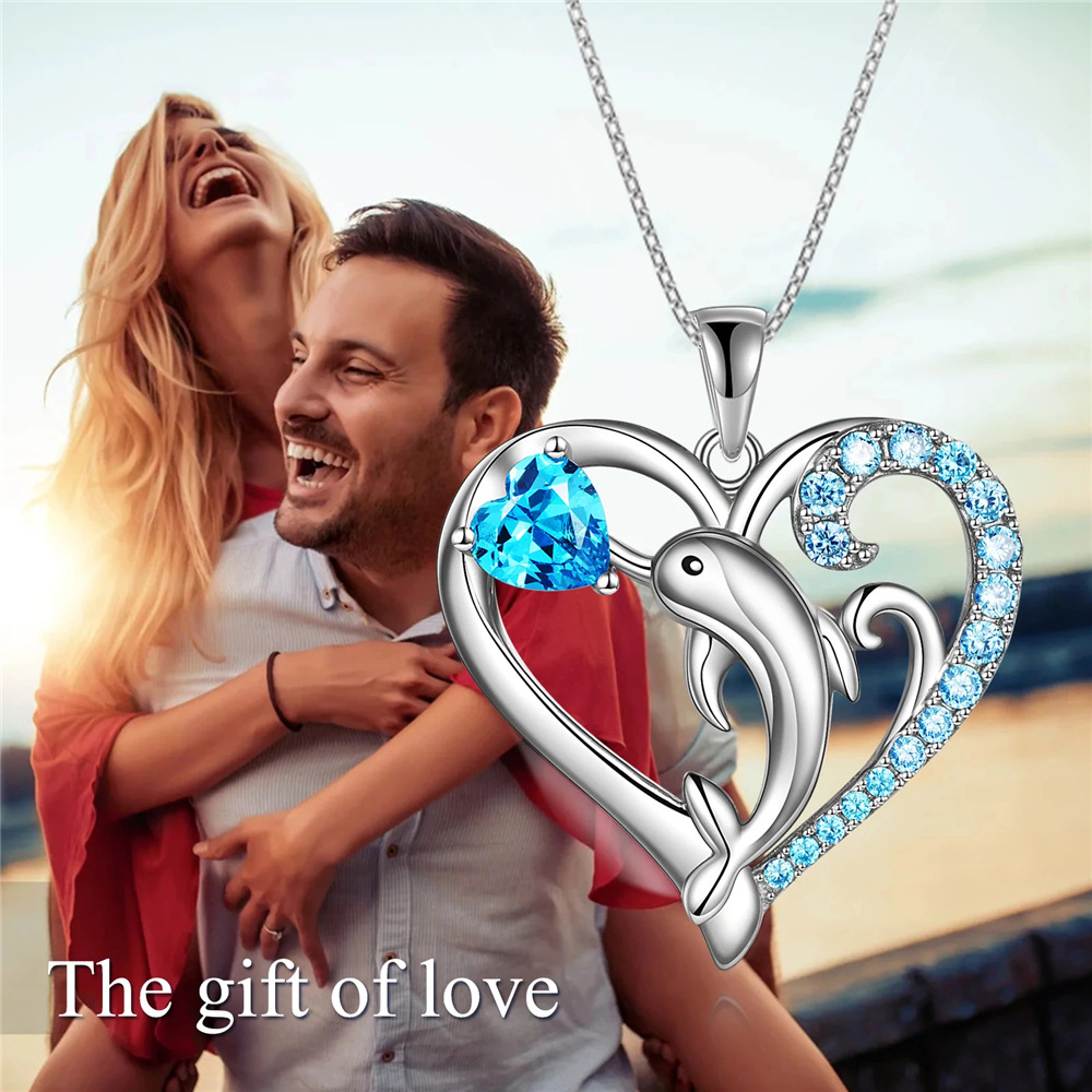 跨境热卖心形海豚蓝色锆石吊坠项链欧美时尚海洋之心女珠宝礼物