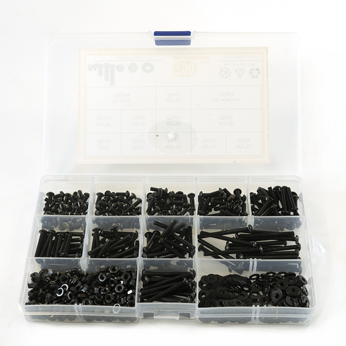 520pcs-750pcs Black high-strength pan head hexagon socket screws with nuts and flat washers M3-M4 combination set