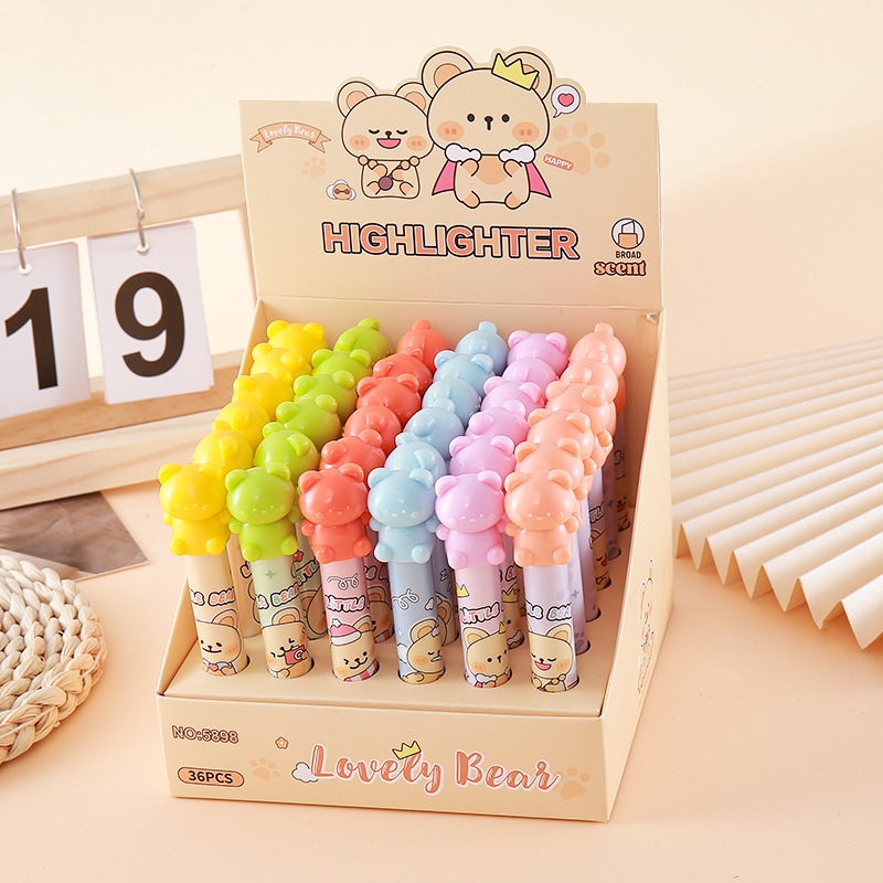 Exhibición en caja resaltador de oso, papelería para estudiantes, resaltador oblicuo de alto valor, marcador de clase, libro de mano de color