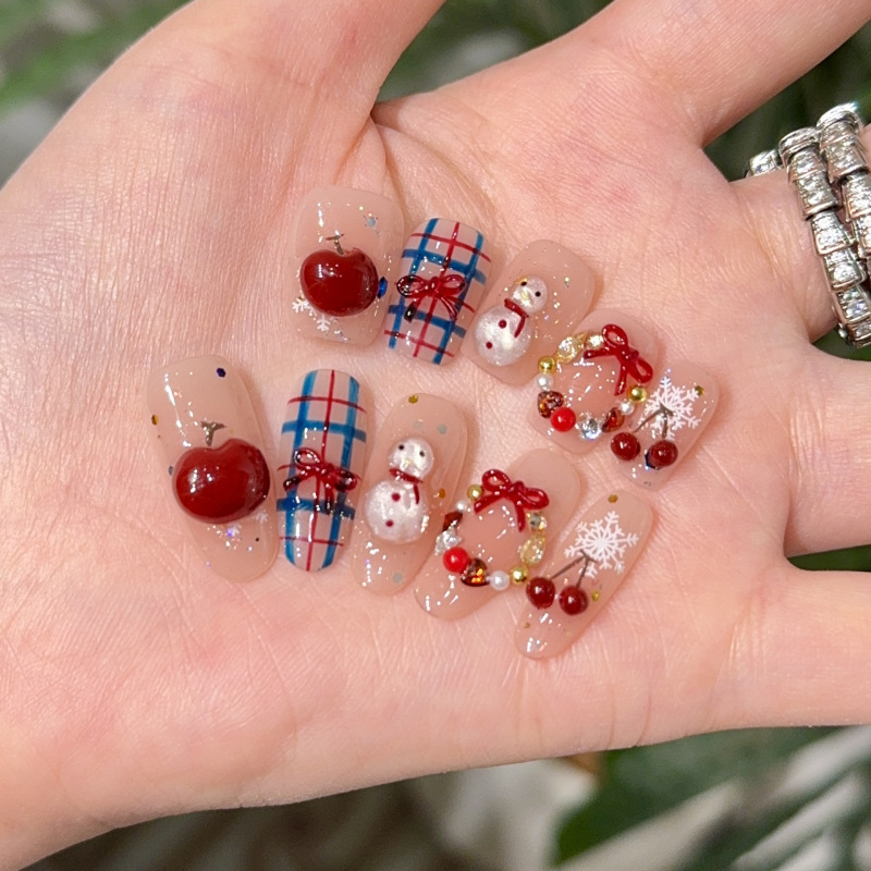 [Peace Fruit] Christmas Style Little Snowman Ins Style Handmade Wearable Nails Short Style Manicure Patch Fake Nails