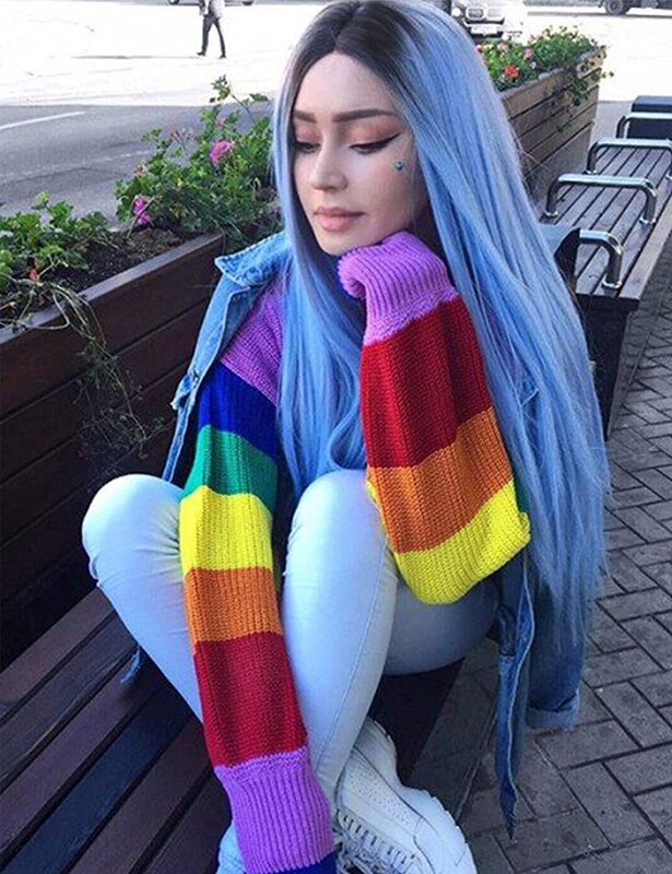 Factory Wholesale 13*4 Chemical Fiber front lace long straight hair gradient light blue natural hairline wig a generation of hair