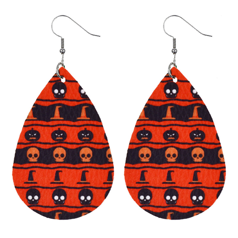 Cross-border Adult Earrings Wholesale European And American Halloween Leather Earrings Ghost Festival Pumpkin Skull Water Drop Pu Earrings display picture 11